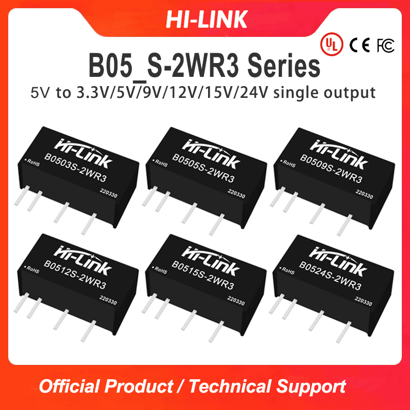B0512S-2WR3/B0503S/B0505S/B0509S/B0515S/B0524S-2WR3 DC to DC 5V to 5V/3.3V/12V/15V/24V 2W Power Module Converter Passed UL/CE/FCC Certifications